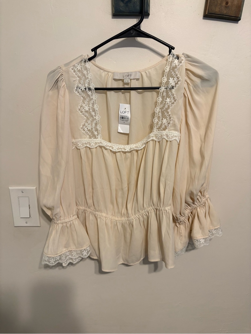 LOFT Cream Lace-Trim Poet Blouse